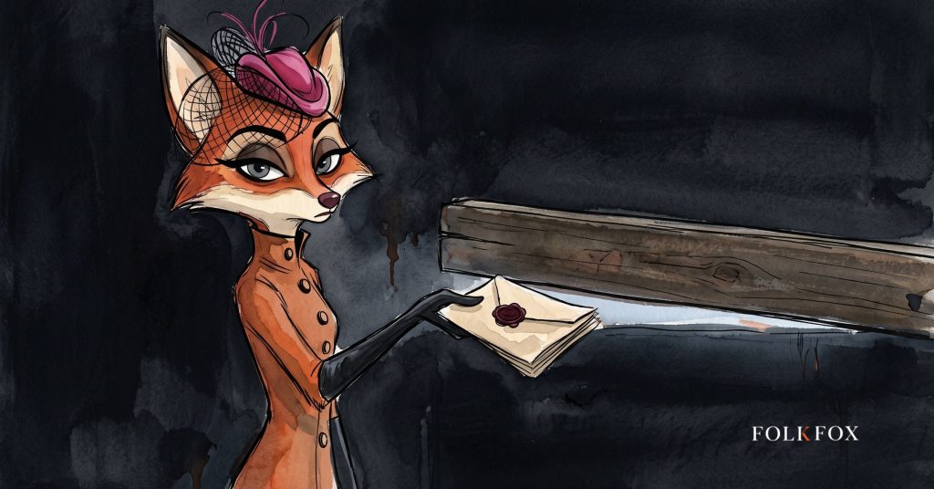 An ink-drawn fox in a folkfox forest beside a megaphone, illustrating google ads verification.