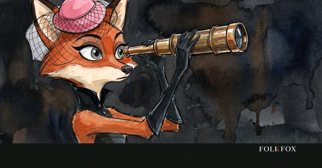 An ink-drawn fox in a folkfox forest beside a telescope, illustrating dynamic search ads vs responsive search ads.