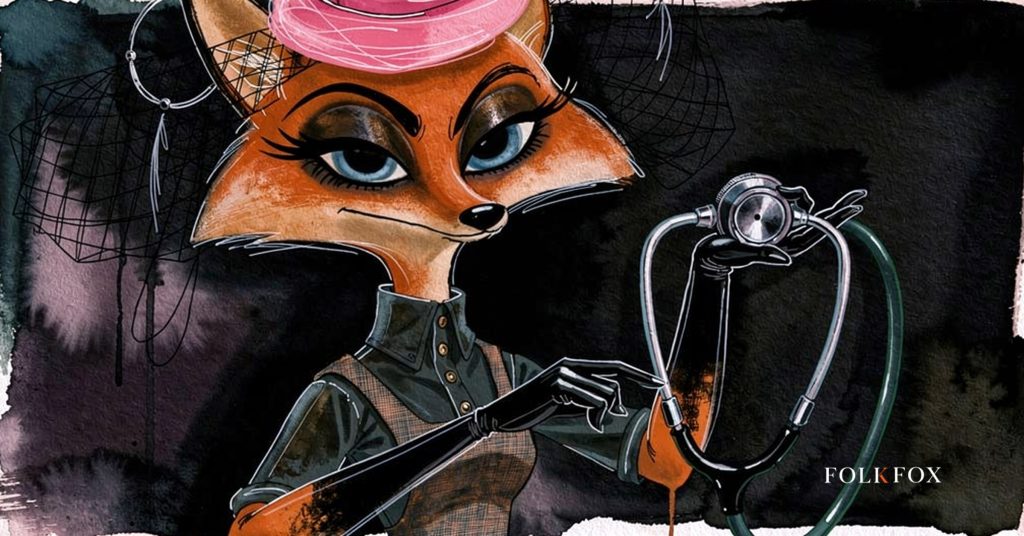 A watercolour fox listens with a stethoscope to a glowing screen, answer engine optimization for healthcare