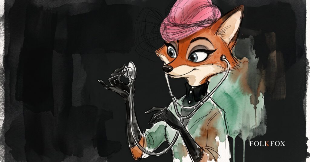 An ink-drawn fox in a folkfox forest beside a stethoscope, illustrating healthcare digital marketing.