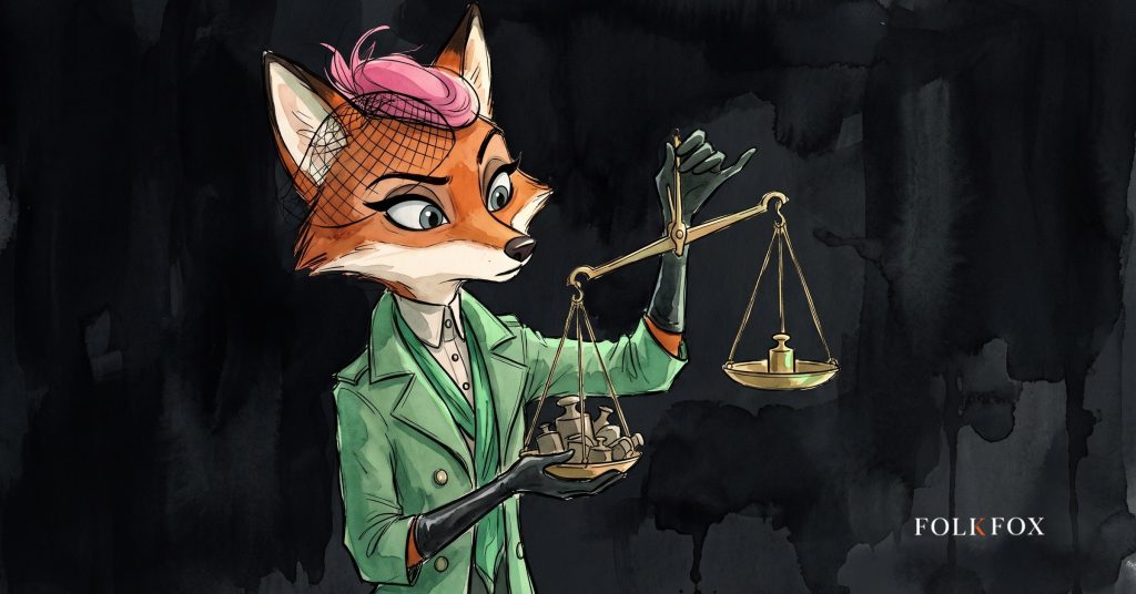 An ink-drawn fox weighs two unequal stacks on brass scales, a healthcare marketing strategy scene about the ratio rather than the total.