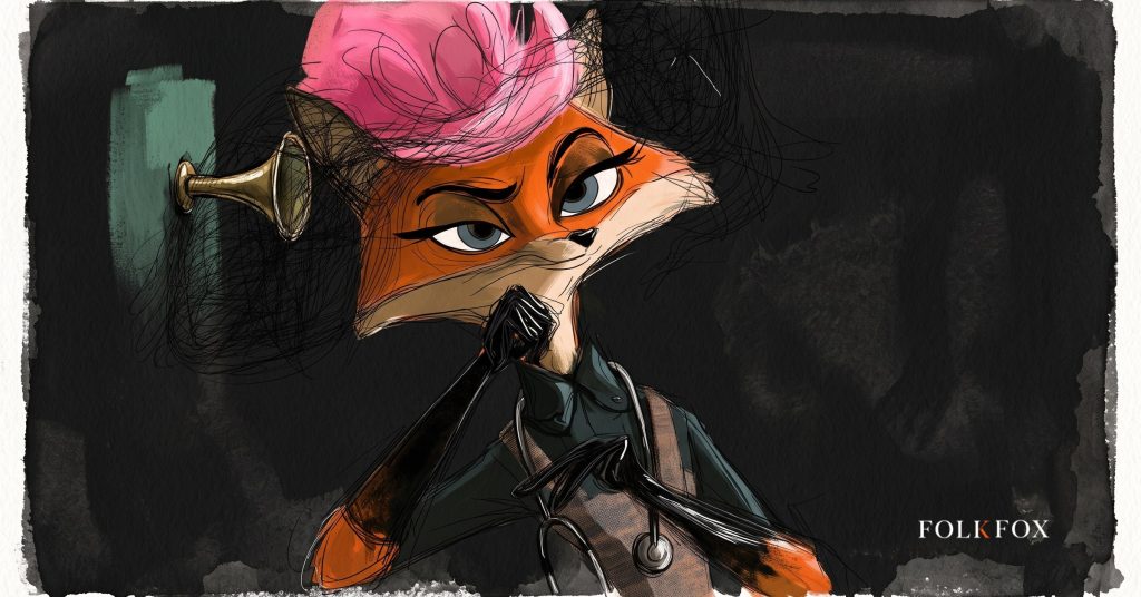 An ink-drawn fox in a folkfox forest beside a stethoscope, illustrating healthcare marketing.
