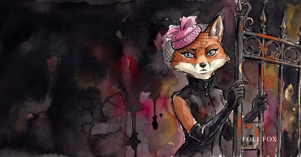 An ink-drawn fox pausing between two identical gates, illustrating how hermes agent splits work between a background session and a side question