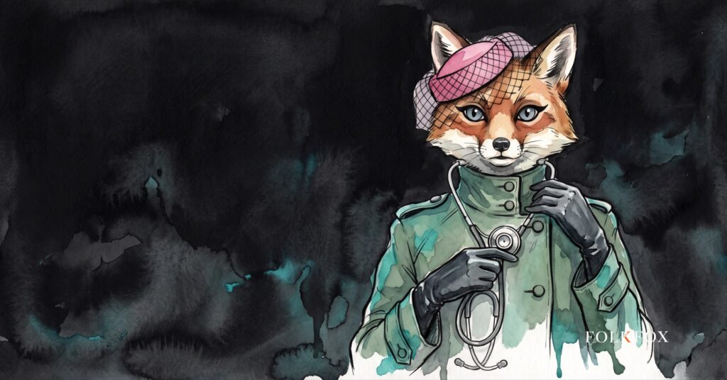 An ink-drawn fox in a folkfox forest beside a stethoscope, illustrating hipaa breach notification.