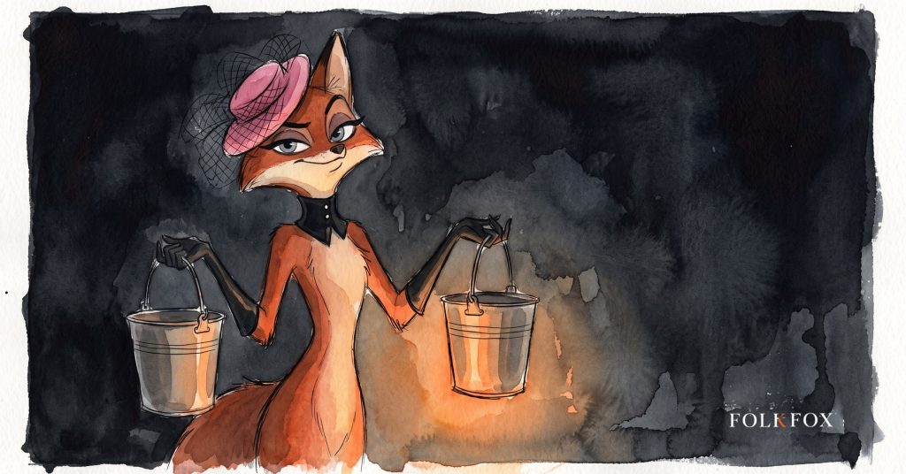 An ink-drawn fox weighing two identical tin buckets against each other, illustrating incrementality testing with a holdout