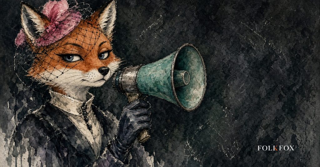 An ink-drawn fox in a folkfox forest beside a megaphone, illustrating industrial cybersecurity.