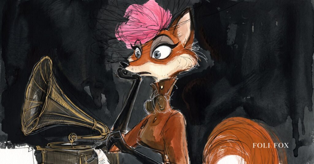 An ink-drawn fox in a folkfox forest beside a gramophone, illustrating licensed ai music.