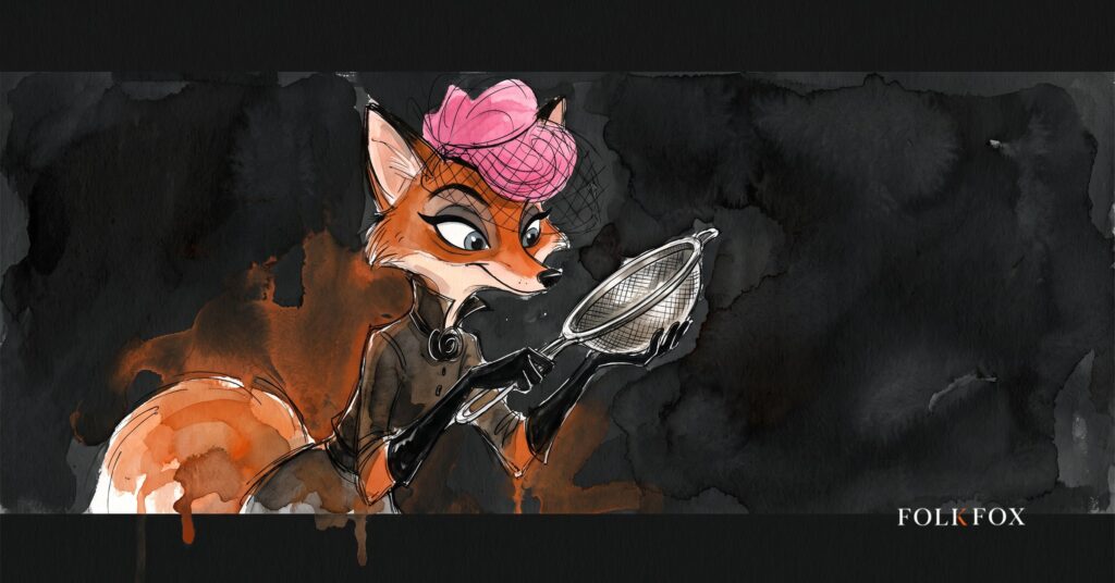 An ink-drawn fox in a folkfox forest beside a sieve, illustrating linkedin ads manager.