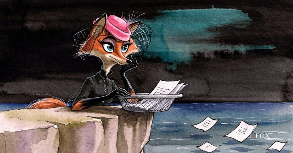 An ink-drawn fox on a coastal ridge holding a sieve of licence papers, reading the Malta Gaming Authority annual report