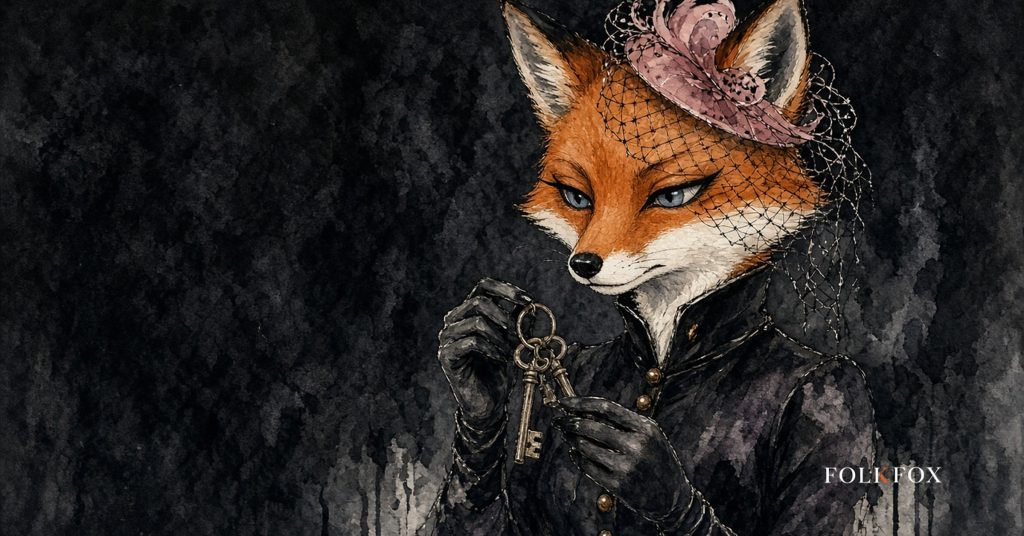 An ink-drawn fox in a folkfox forest beside a keys, illustrating managed detection and response.