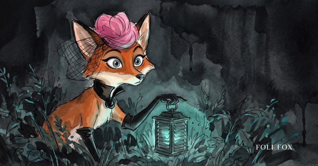 A fox listens alertly in moonlit undergrowth beside a hooded lantern, representing managed detection response as continuous calm watching rather than panic.