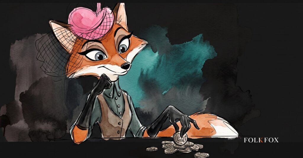 An ink-drawn fox in a folkfox forest beside a coins, illustrating managed security services.