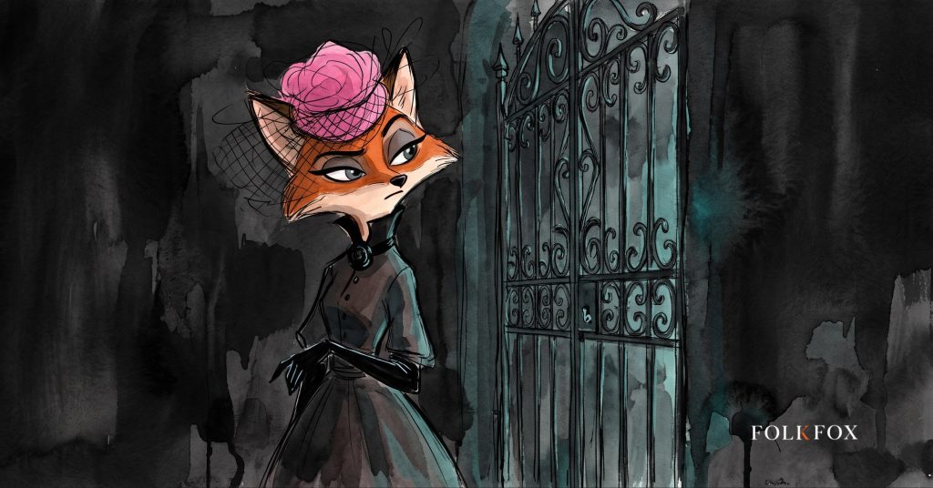 A fox holding a hand-painted sign before a row of identical shuttered gates, illustrating managed security services positioning