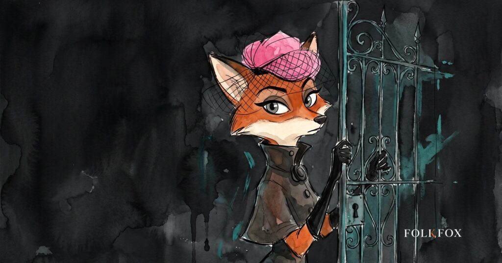 An ink-drawn fox listening at a shuttered gate by lantern light, weighing a materiality assessment before the news gets out