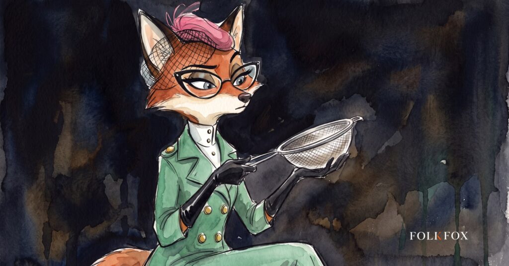 An ink-drawn fox holding a sieve as figures fall through it, illustrating how medical advertising claims shrink under scrutiny