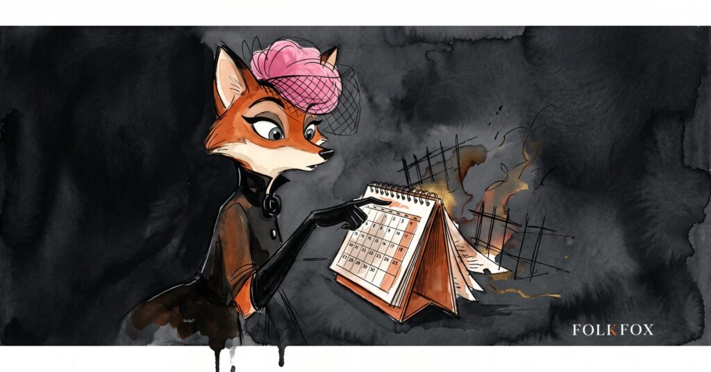 An ink-drawn fox in a folkfox forest beside a calendar, illustrating meta ad placements.