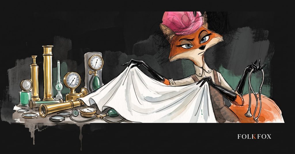 An ink-drawn fox in a folkfox forest beside a stethoscope, illustrating meta pixel.