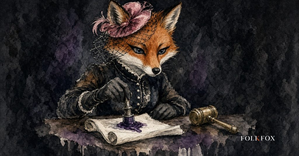 A wary watercolour fox reviews marketing papers beside a gavel, representing MiCA compliance for web3 brands