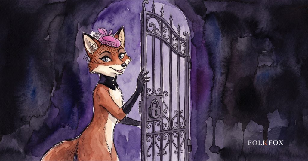 A watercolour fox holds a single stamped mica crypto license aloft before an open EU gate, delighted