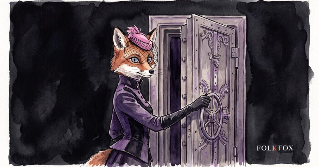 An ink-drawn fox in a folkfox forest beside a vault, illustrating mica regulation.
