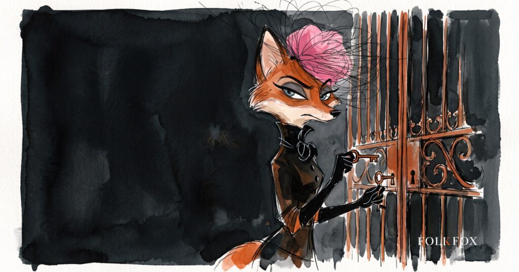 A fox pauses warily at a double-locked gate, illustrating the Microsoft Ads API dual-ID account linking rule
