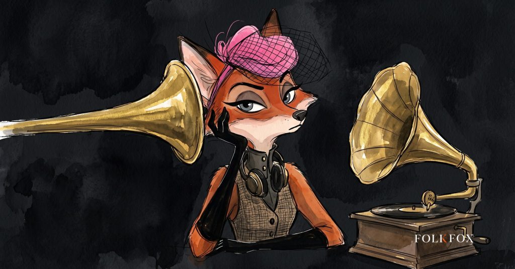 An ink-drawn fox in a folkfox forest beside a gramophone, illustrating music discovery.