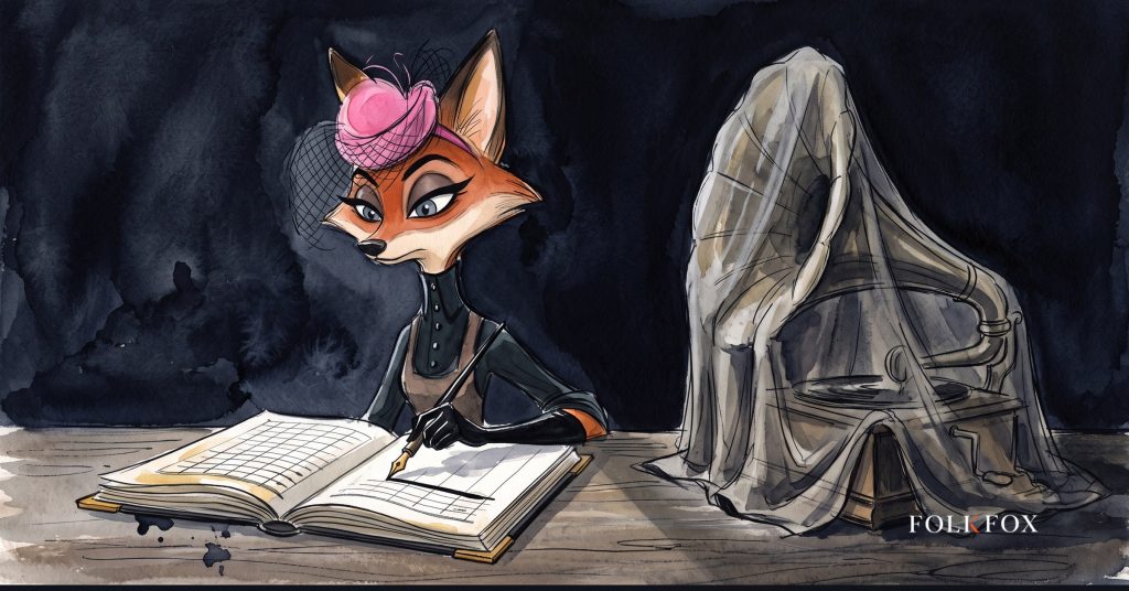An ink-drawn fox in a folkfox forest beside a gramophone, illustrating music marketing.