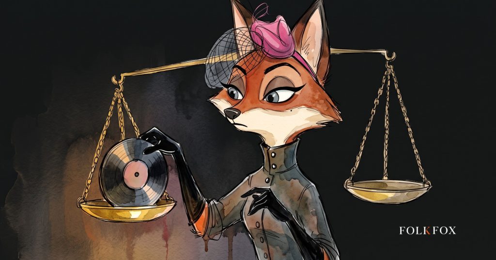 An ink-drawn fox in a folkfox forest beside a gramophone, illustrating music marketing strategy.