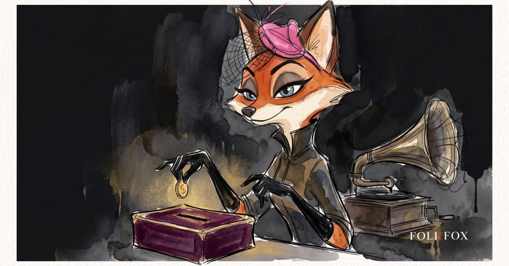 An ink-drawn fox in a folkfox forest beside a gramophone, illustrating music marketing.