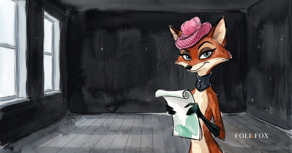 An ink-drawn fox in a folkfox forest beside a megaphone, illustrating native advertising.