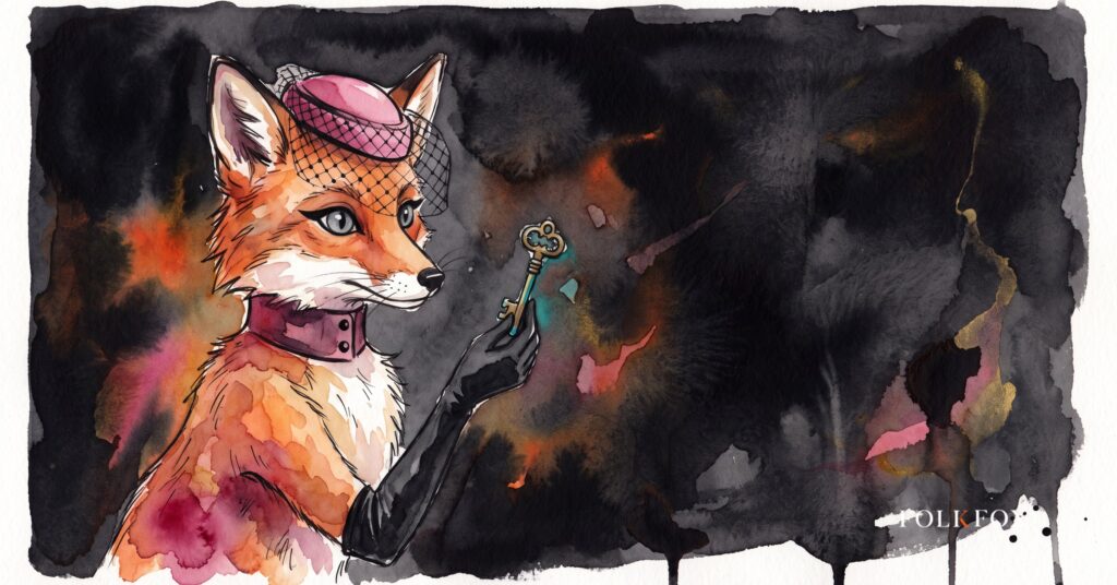 An ink-drawn fox in a folkfox forest beside a keys, illustrating network perimeter security.