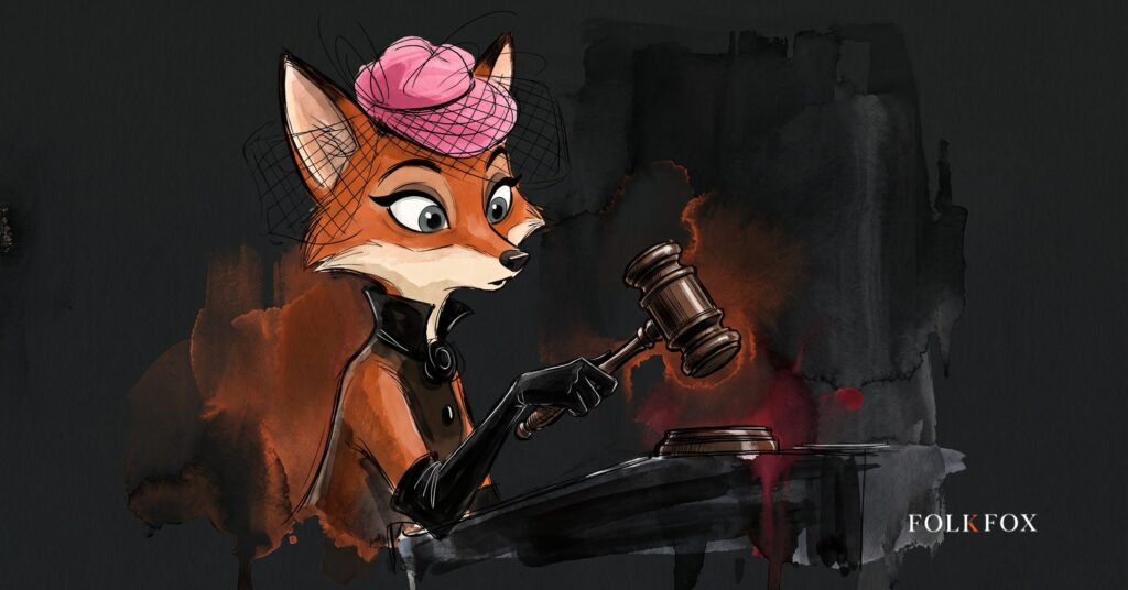 An ink-drawn fox in a folkfox forest beside a gavel, illustrating nis2 compliance.