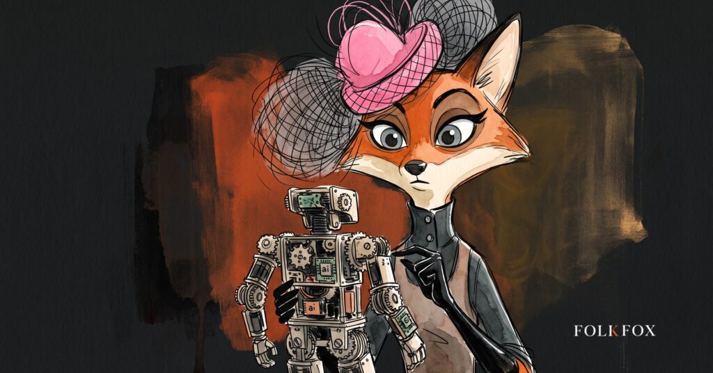 An ink-drawn fox in a folkfox forest beside a robot, illustrating open source ai agent.