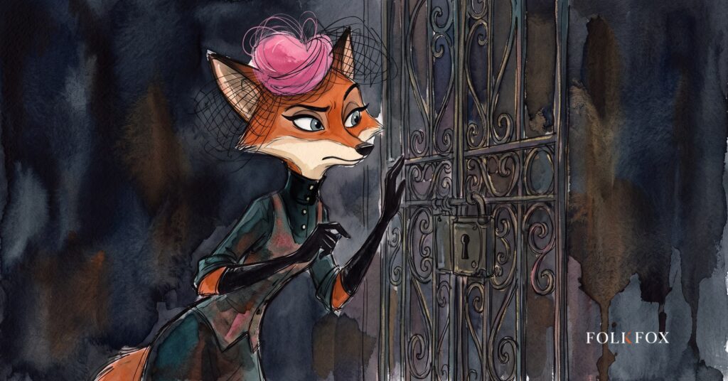 An ink-drawn fox crouched at a sluice gate over a hidden pipe, listening, illustrating ot cybersecurity and unverified internet exposure