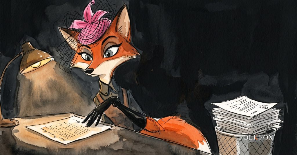 An ink-drawn fox in a folkfox forest beside a robot, illustrating paid social.