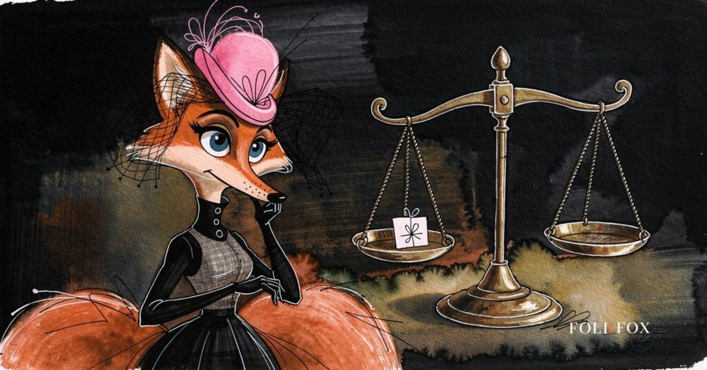 A curious fox weighs a small paper parcel on a brass scale in a willow clearing, a scene about paid social advertising and the customs fee tipping the balance