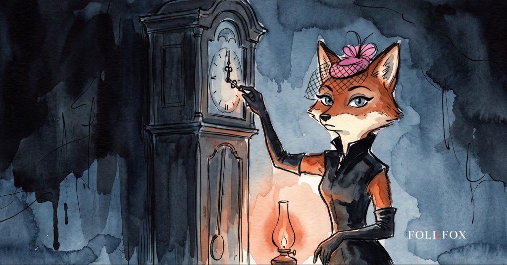 An ink-drawn fox stands beside a tall clock at twilight, an image for the delivery windows now shaping paid social advertising