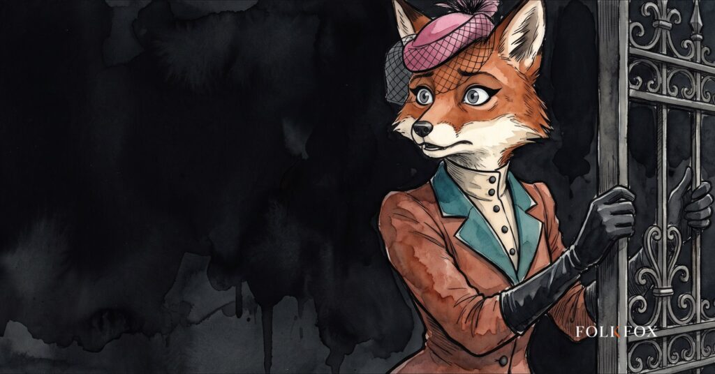 An ink-drawn fox in a folkfox forest beside a gate, illustrating payment provider compliance.