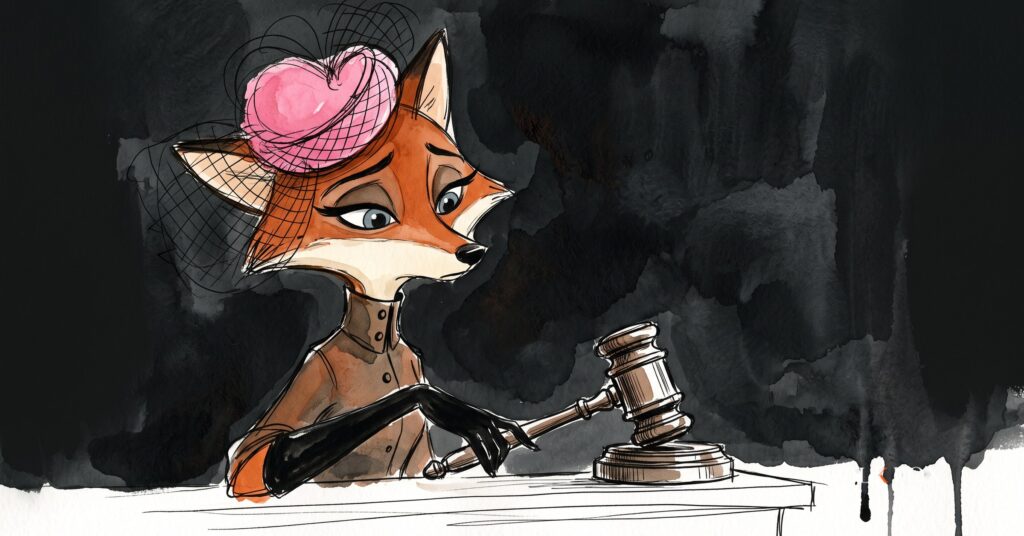 An ink-drawn fox in a folkfox forest beside a gavel, illustrating pci compliance requirements.