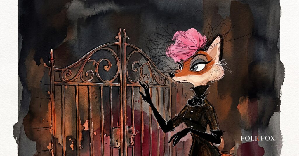 An ink-drawn fox in a folkfox forest beside a gate, illustrating performance max negative keywords.