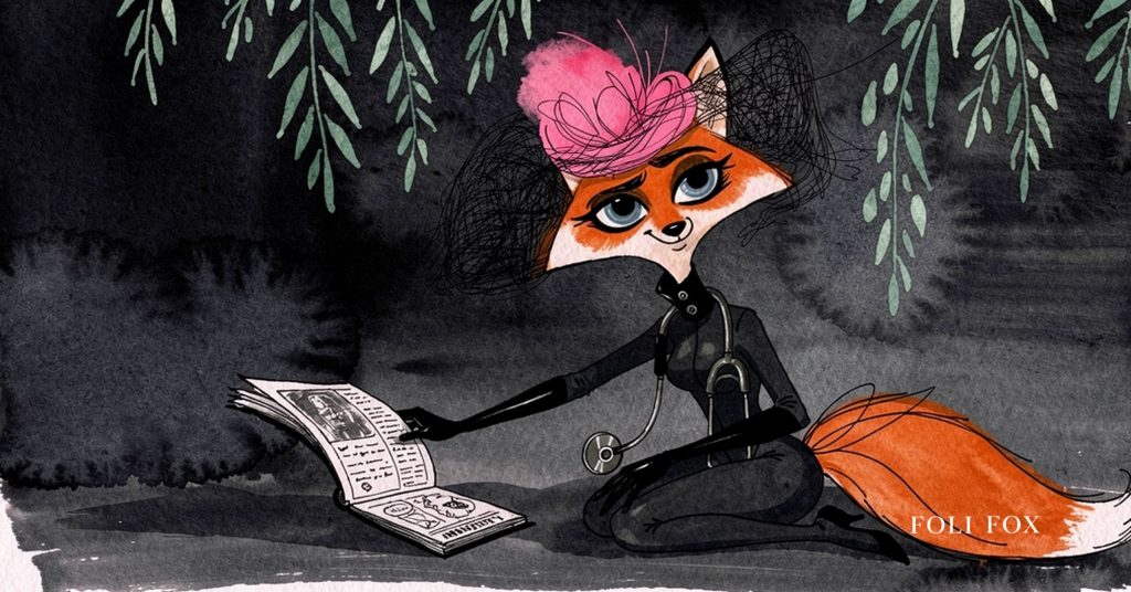 An ink-drawn fox holding a stethoscope beside a small unfolded paper leaflet, the safety disclosure now built into feed-based pharma advertising