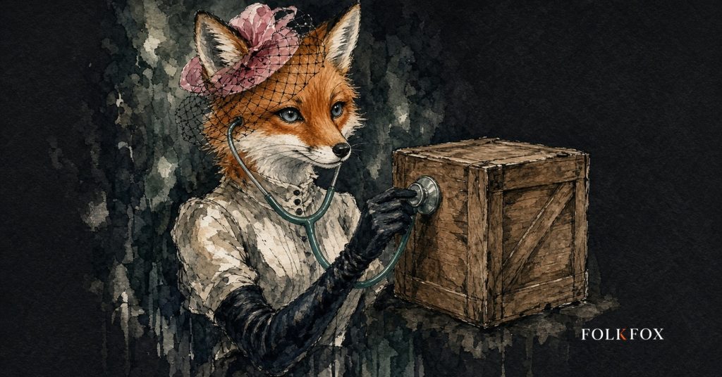 A watercolour fox listens through a stethoscope, illustrating careful pharmaceutical marketing for a healthcare brand