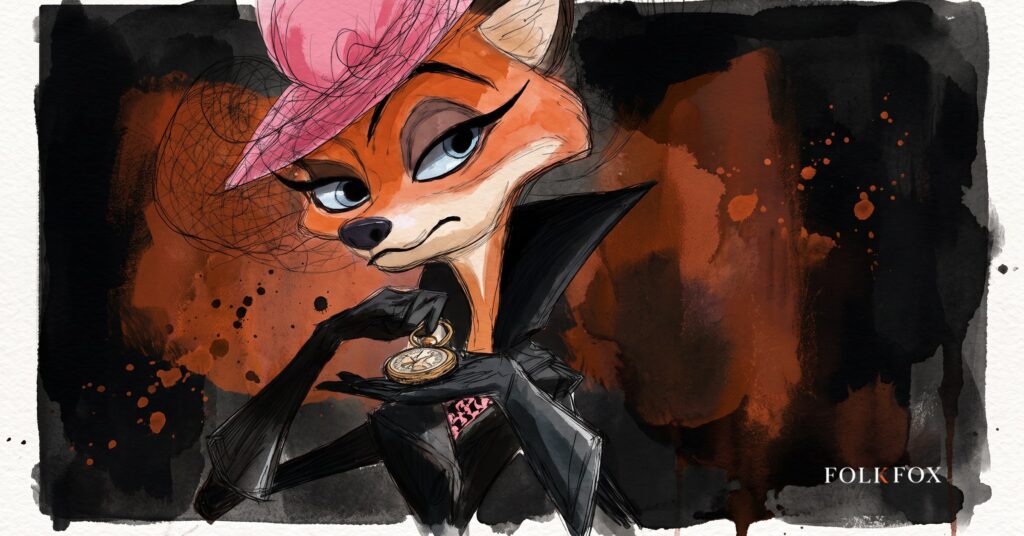 An ink-drawn fox in a folkfox forest beside a coins, illustrating ppc bidding strategy.