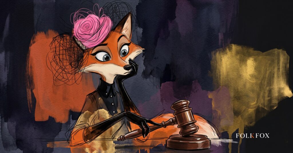 An ink-drawn fox in a folkfox forest beside a gavel, illustrating prediction market regulation.