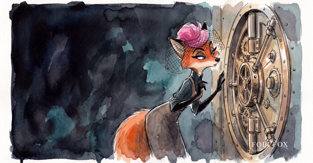 An ink-drawn fox in a folkfox forest beside a vault, illustrating prompt injection attacks.