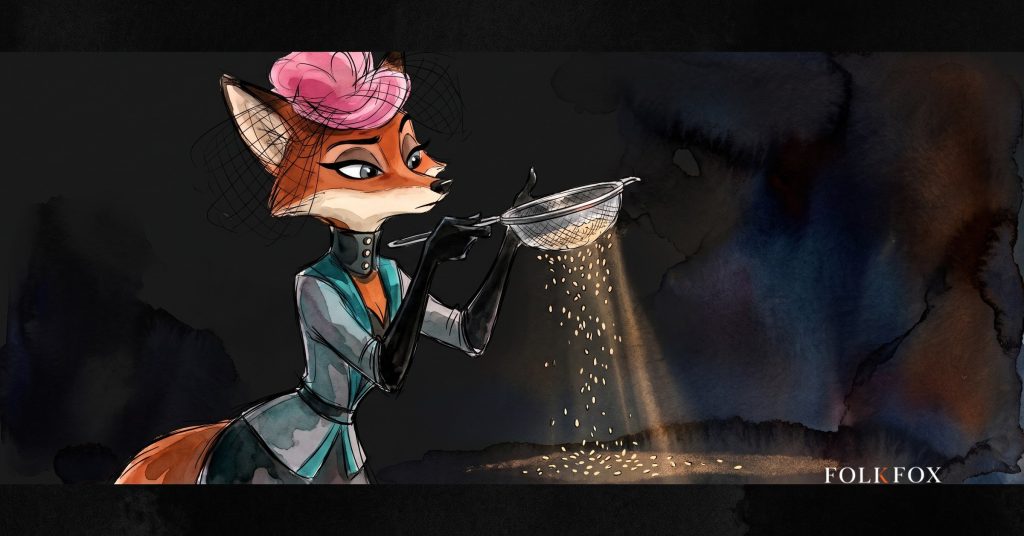 An ink-drawn fox holds a sieve up to the light on a woodland path, an image for disclaimers in responsive search ads