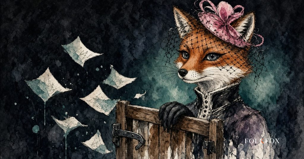 An ink-drawn fox at an unlatched gate with drifting papers, illustrating scraping google search results