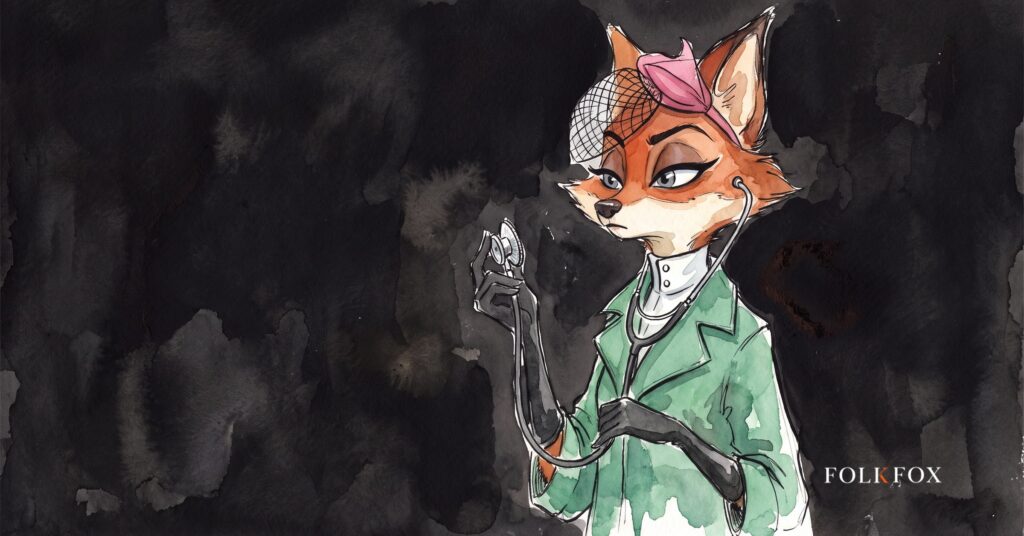 An ink-drawn fox in a folkfox forest beside a stethoscope, illustrating semaglutide online.