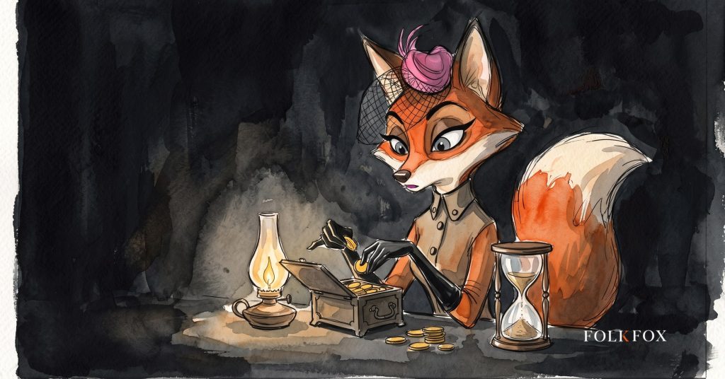 An ink-drawn fox in a folkfox forest beside a coins, illustrating smart bidding.