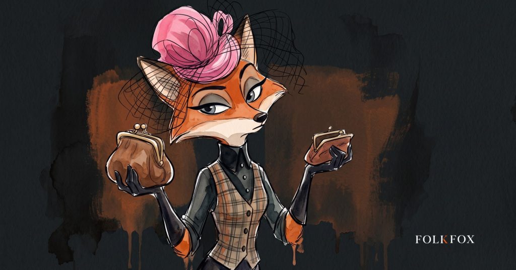 An ink-drawn fox in a folkfox forest beside a coins, illustrating social media ad costs.